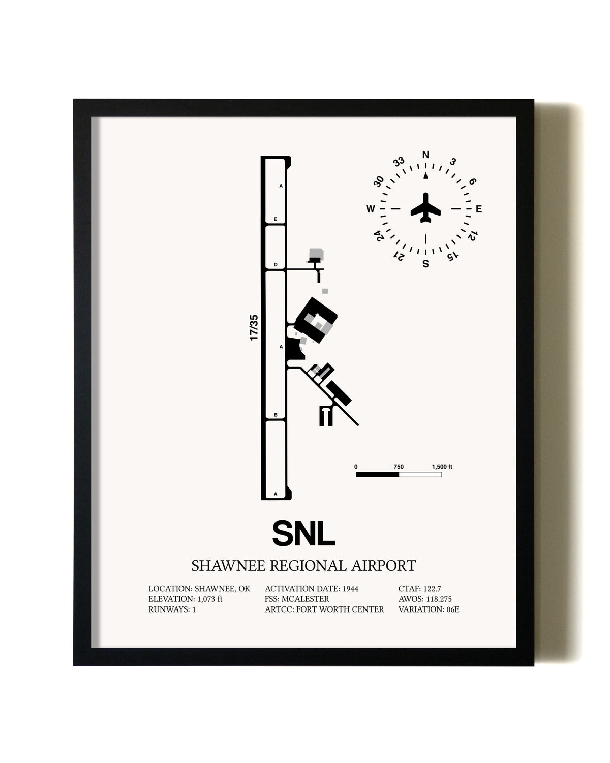 Framed Shawnee Regional Airport wall art poster in black frame