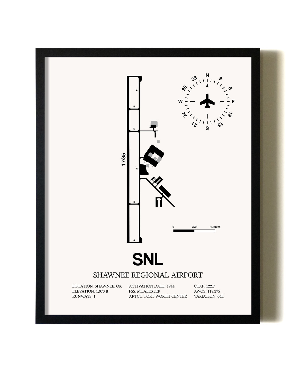 Framed Shawnee Regional Airport wall art poster in black frame