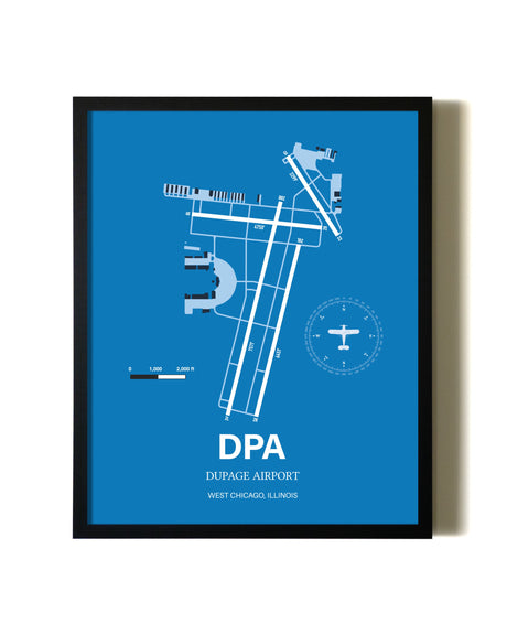 Sky Blue DuPage Airport aviation wall décor in black wood frame