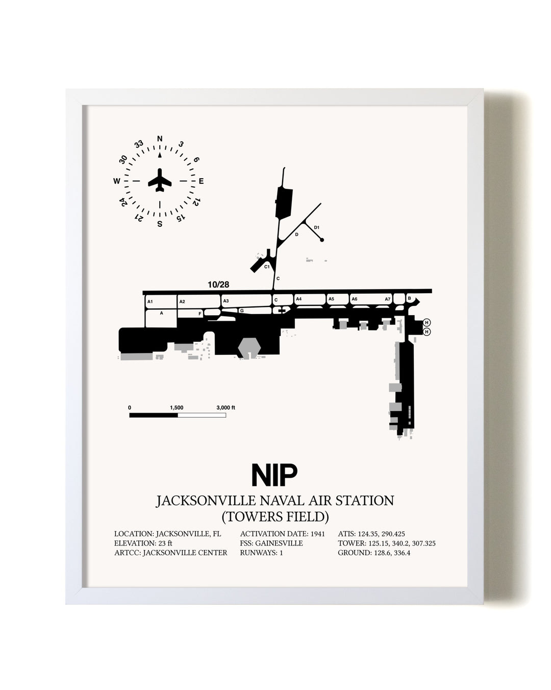Jacksonville Naval Air Station (Towers Field) airport map poster in oak frame