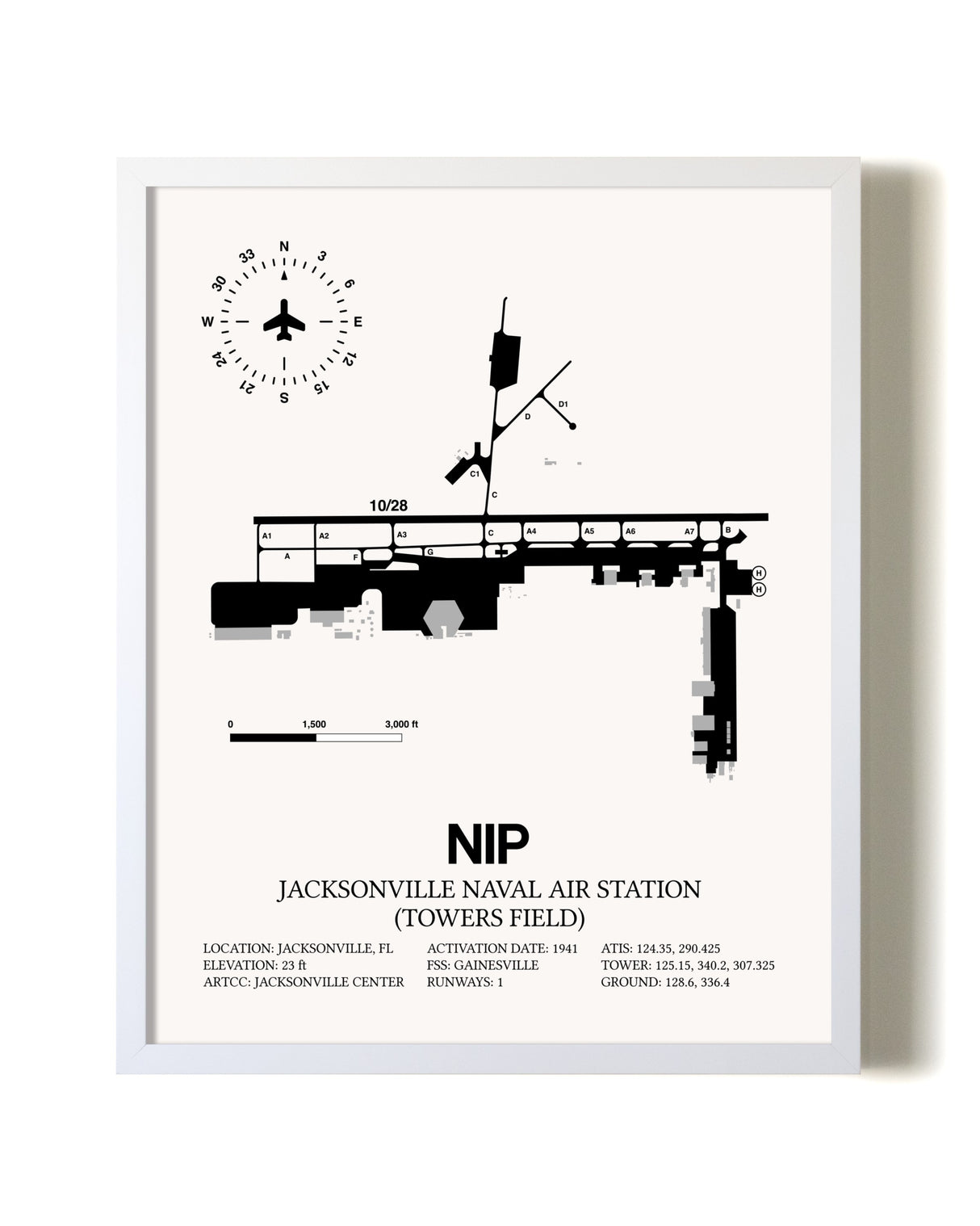 Jacksonville Naval Air Station (Towers Field) airport map poster in oak frame