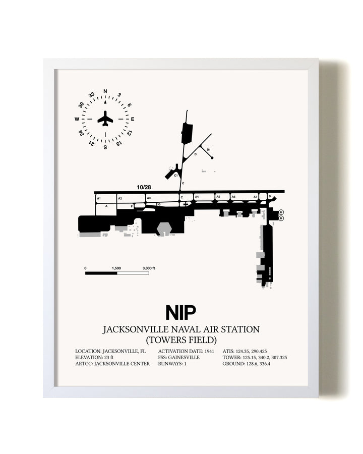 Jacksonville Naval Air Station (Towers Field) airport map poster in oak frame