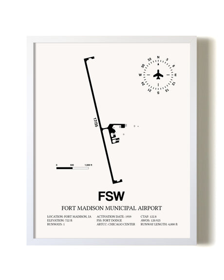 Fort Madison Municipal Airport airport map poster in oak frame