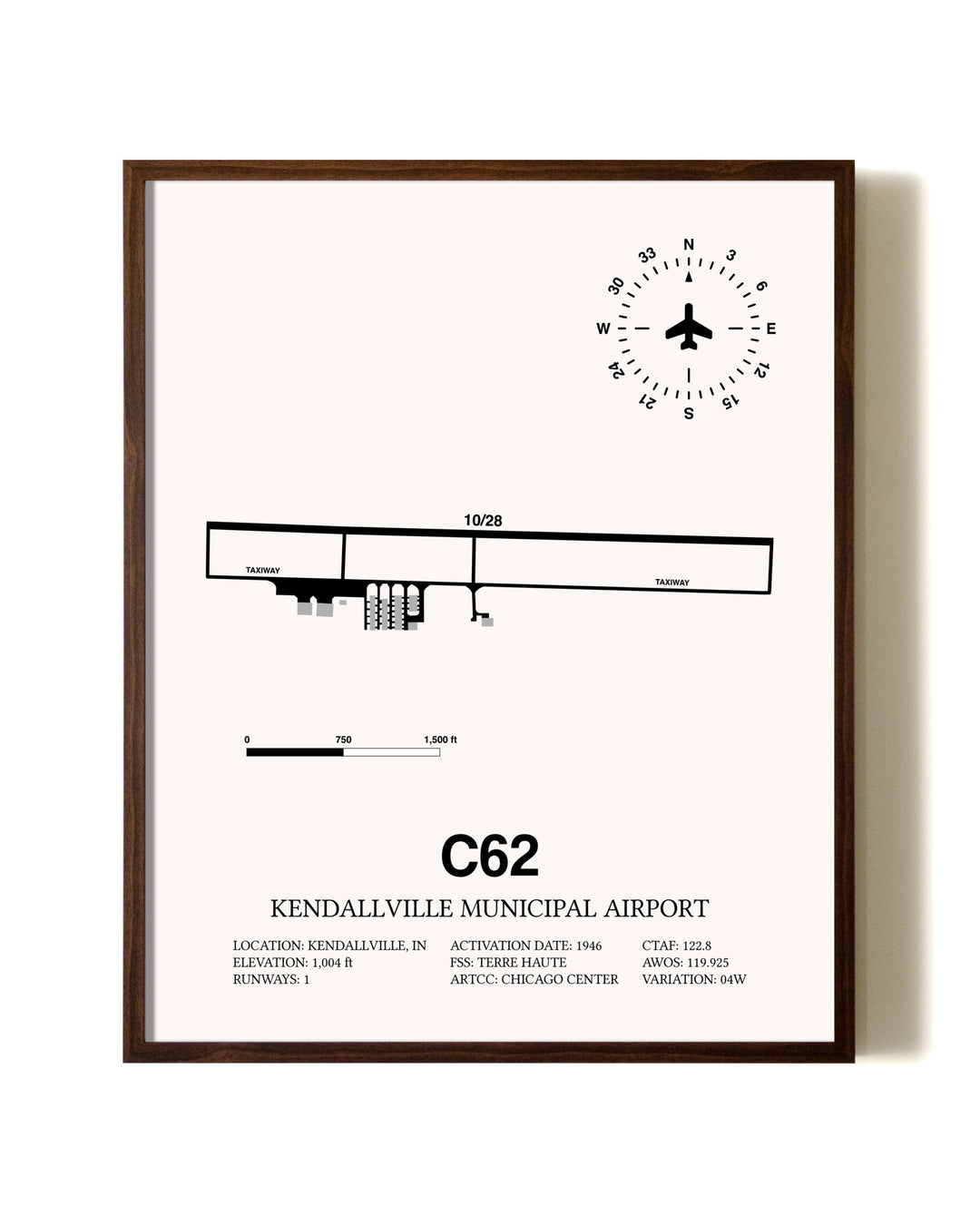 Kendallville Municipal Airport aviation print in walnut frame