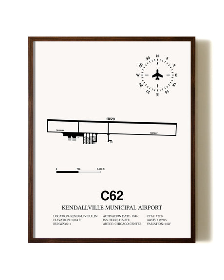 Kendallville Municipal Airport aviation print in walnut frame