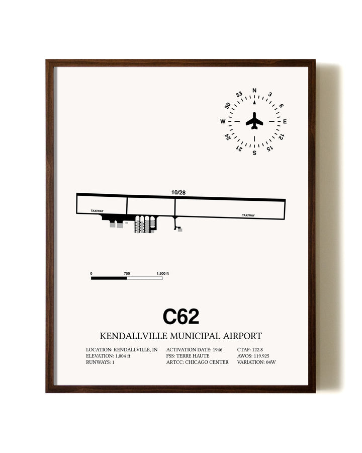 Kendallville Municipal Airport aviation print in walnut frame