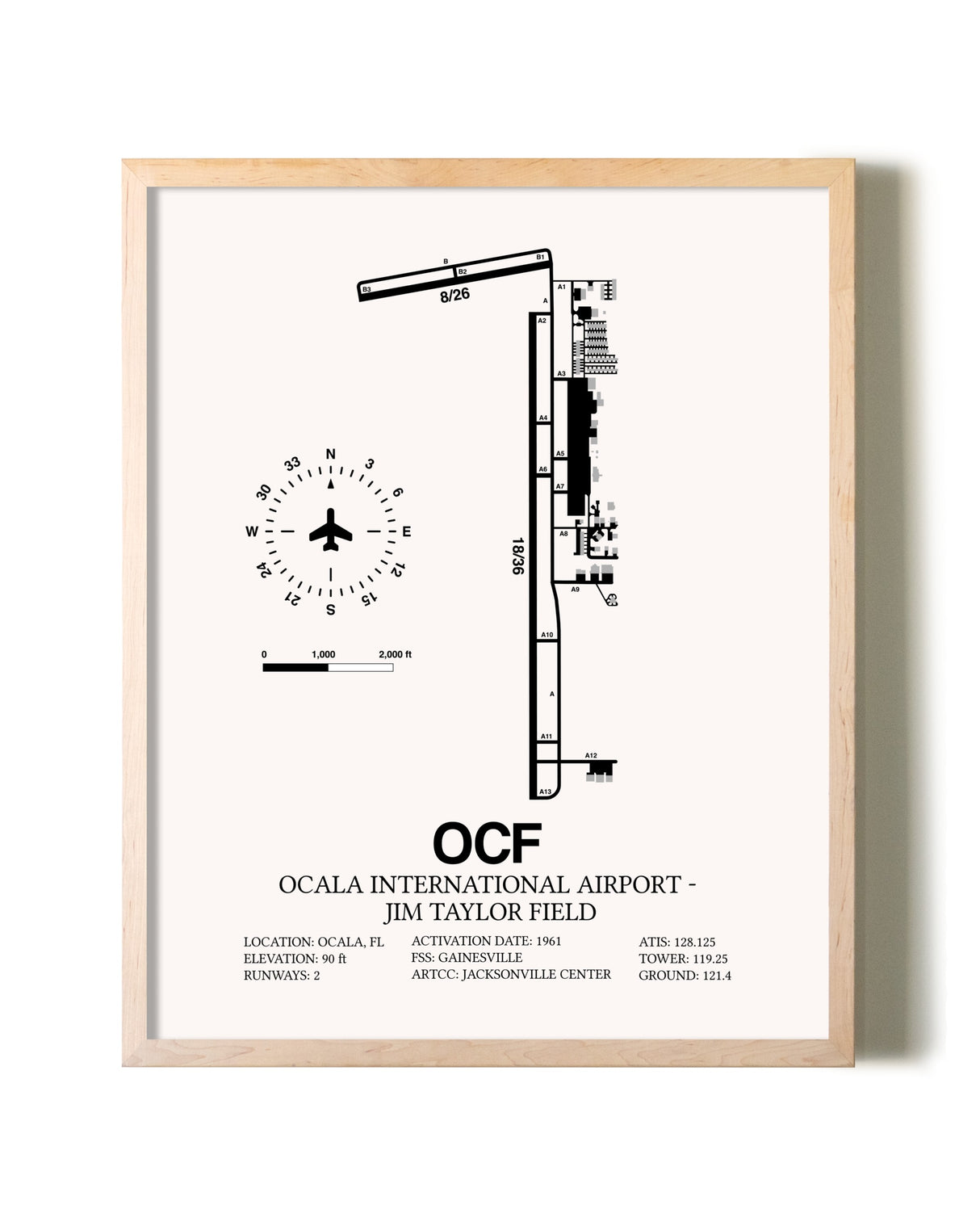 Ocala International Airport-Jim Taylor Field framed wall art in white frame