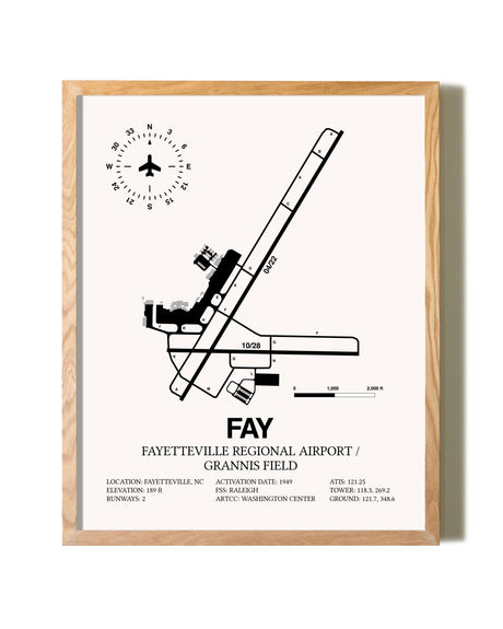 Fayetteville Regional Airport / Grannis Field framed print in natural wood frame