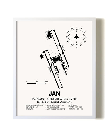 Jackson-Medgar Wiley Evers International Airport airport map poster in oak frame