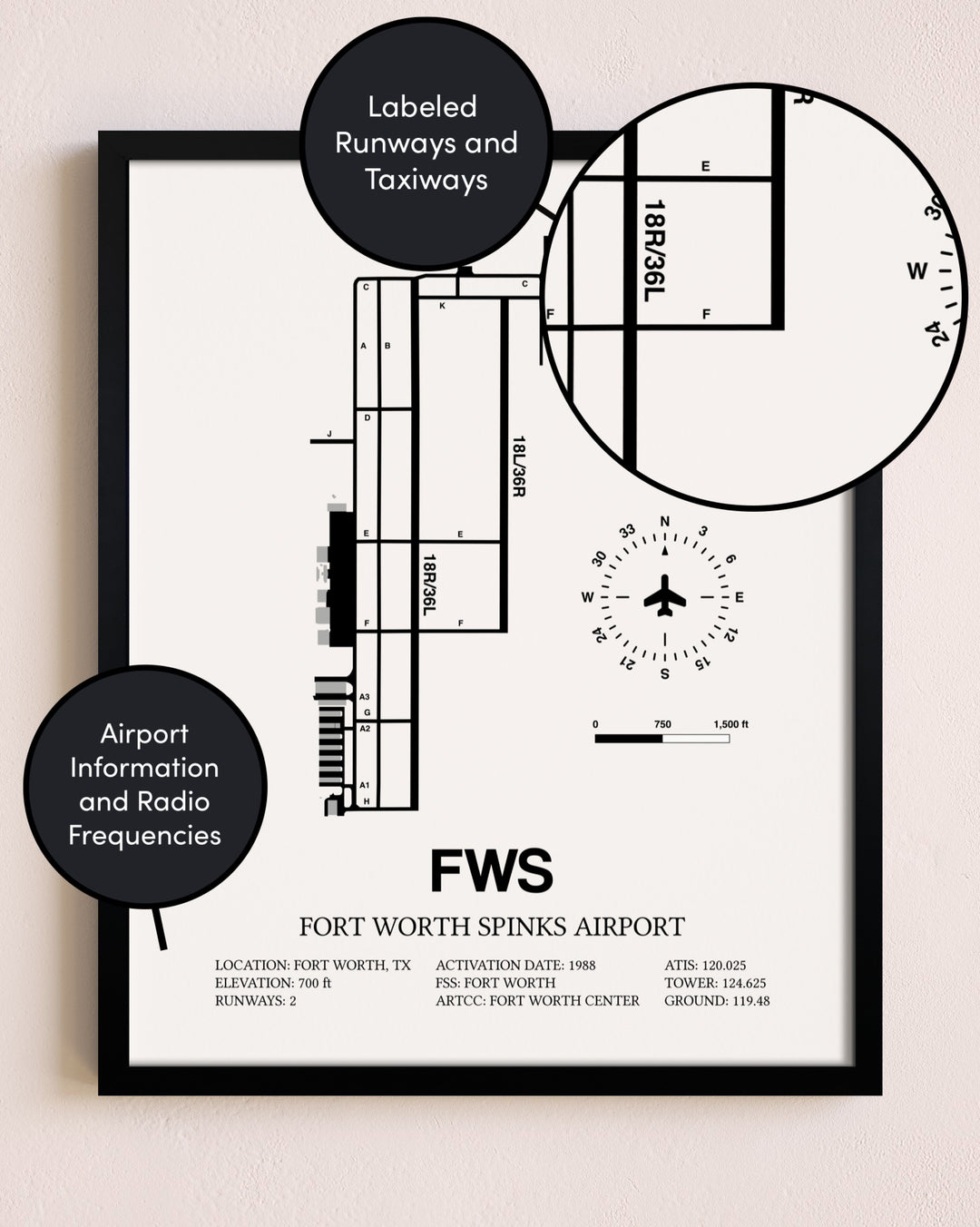 Framed Fort Worth Spinks Airport layout wall art poster