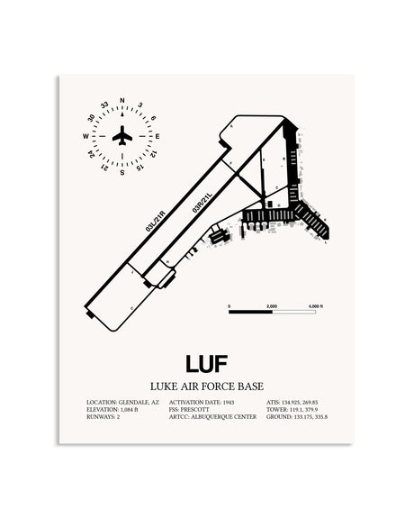 Gray Luke Air Force Base framed poster displayed in an airplane hangar