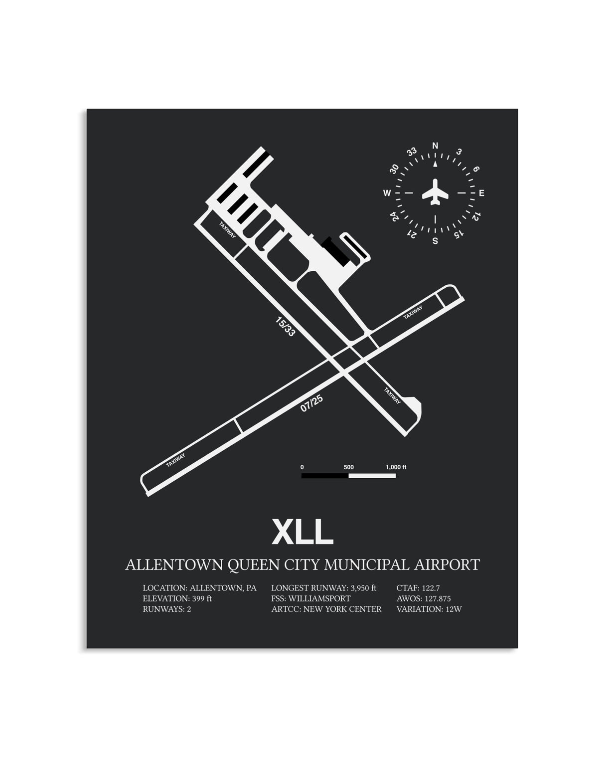 Gray Framed Allentown Queen City Municipal Airport layout wall art poster