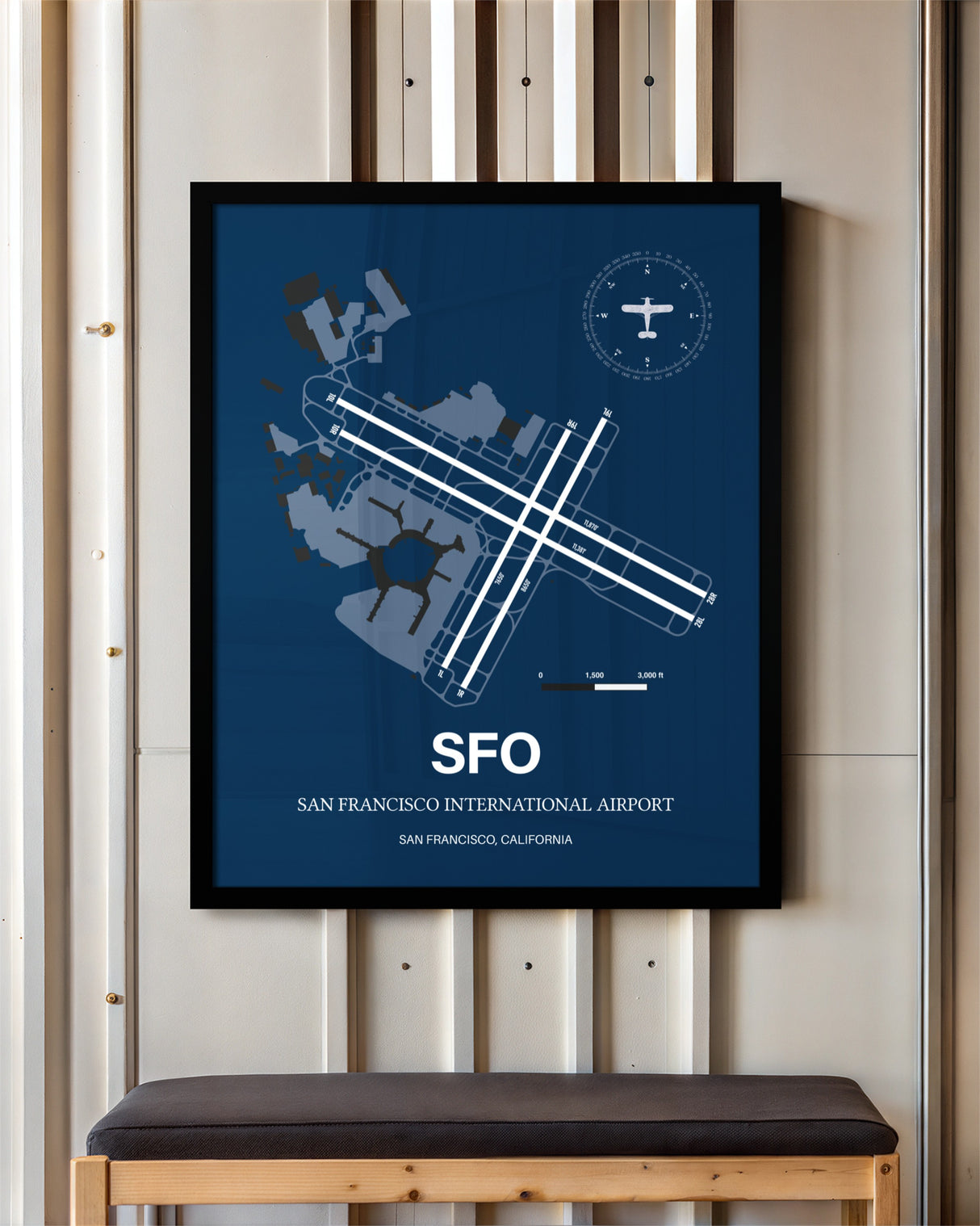 San Francisco International Airport framed poster displayed in an airplane hangar