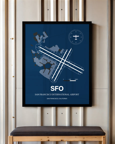 San Francisco International Airport framed poster displayed in an airplane hangar