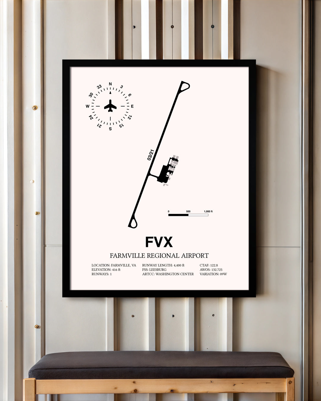 Farmville Regional Airport framed poster displayed in an airplane hangar