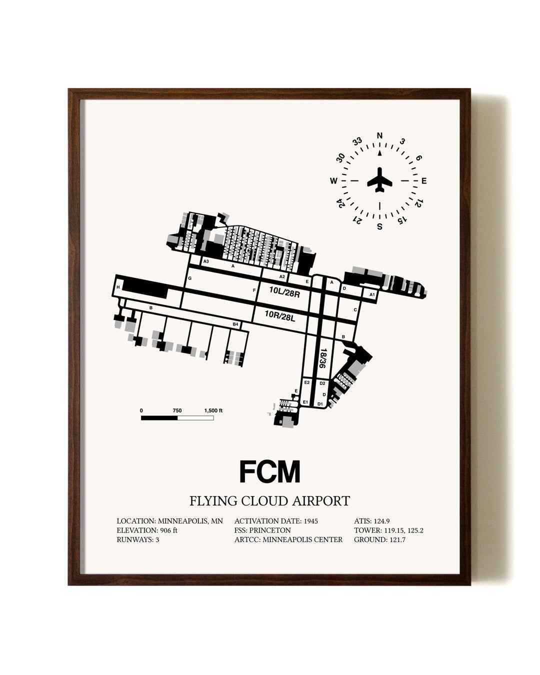 Flying Cloud Airport aviation print in walnut frame