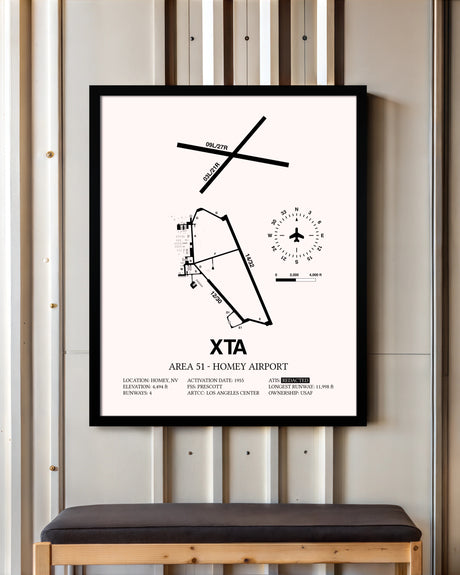 Homey Airport - Area 51 framed poster displayed in an airplane hangar