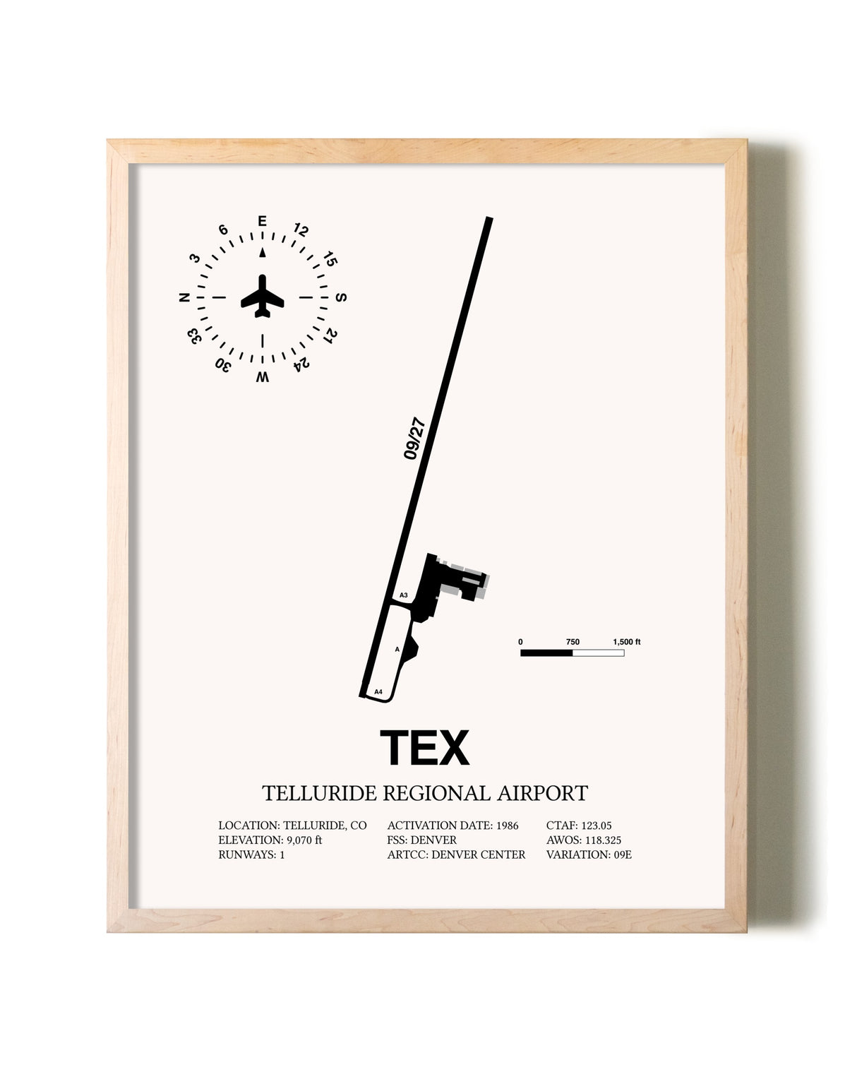 Telluride Regional Airport framed wall art in white frame