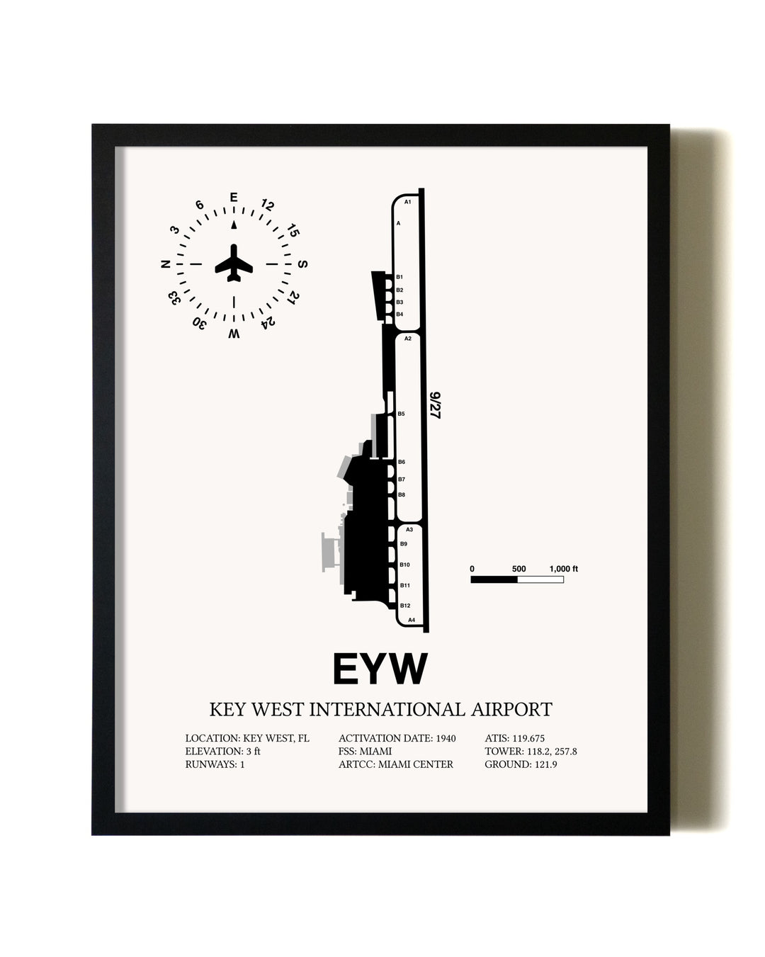 Framed Key West International Airport wall art poster in black frame