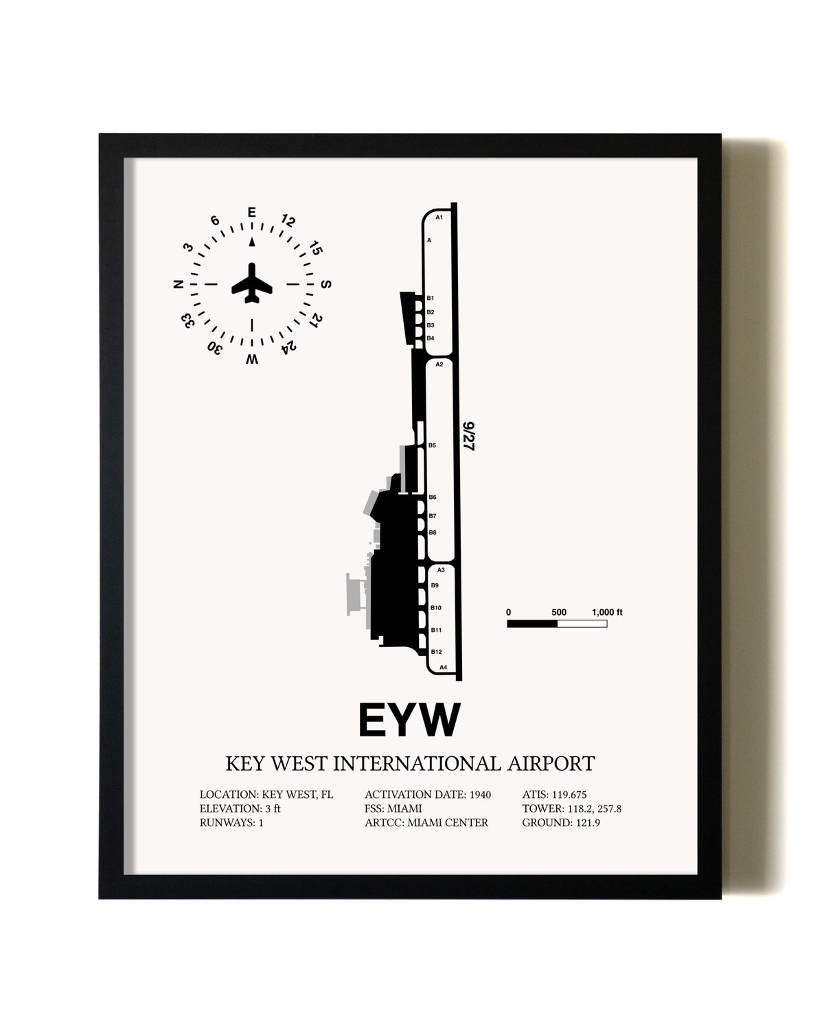Framed Key West International Airport wall art poster in black frame