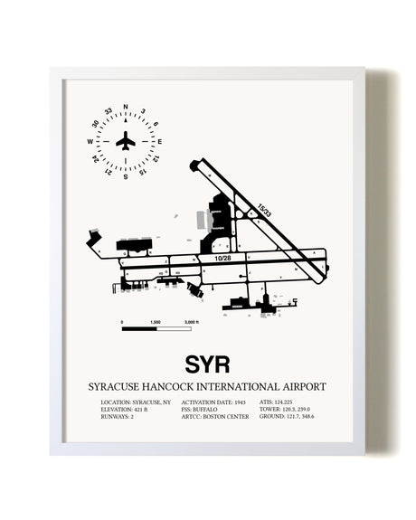Syracuse Hancock International Airport airport map poster in oak frame