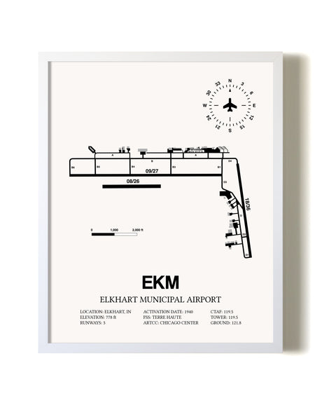 Elkhart Municipal Airport airport map poster in oak frame