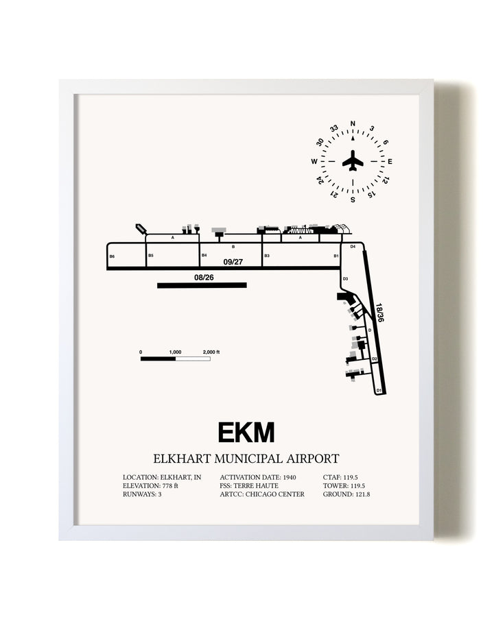 Elkhart Municipal Airport airport map poster in oak frame