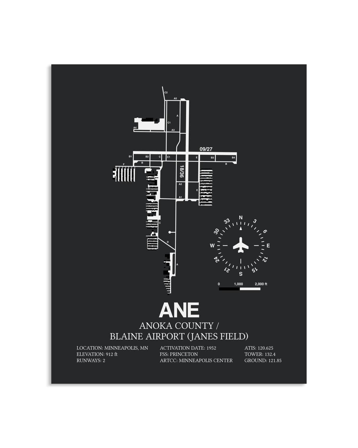 Gray Framed Anoka County/Blaine Airport (Janes Field) layout wall art poster