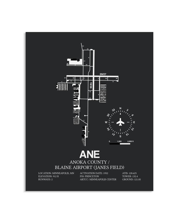 Gray Framed Anoka County/Blaine Airport (Janes Field) layout wall art poster