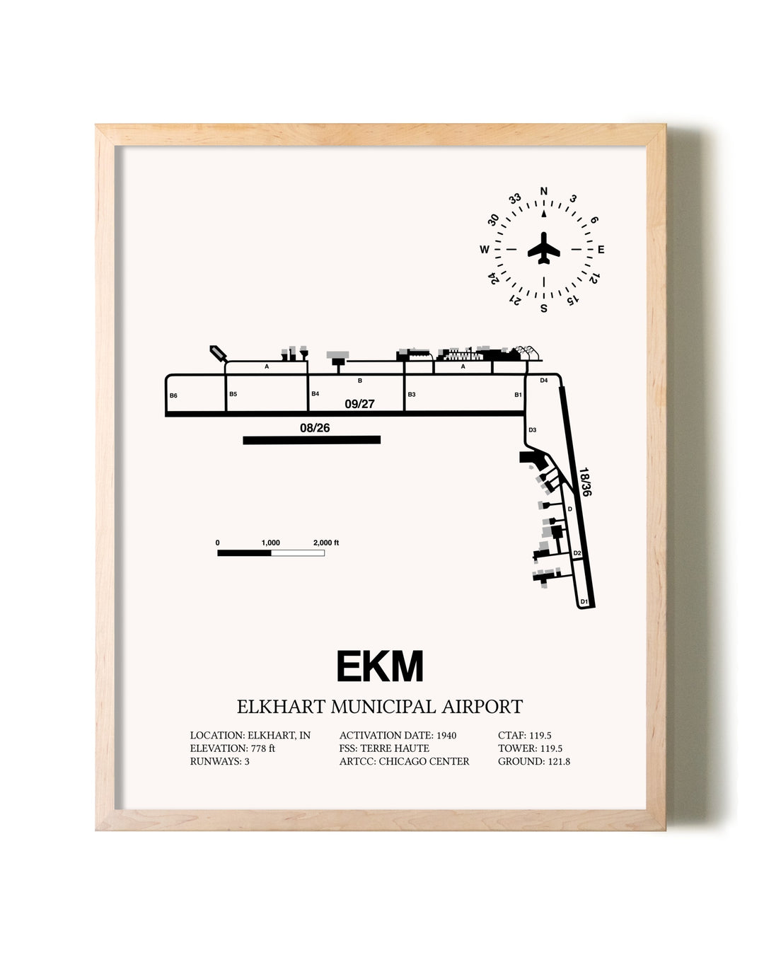 Elkhart Municipal Airport framed wall art in white frame