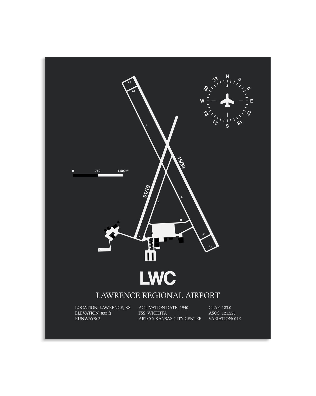 Gray Framed Lawrence Regional Airport layout wall art poster