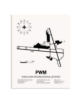 Gray Portland International Jetport framed poster displayed in an airplane hangar