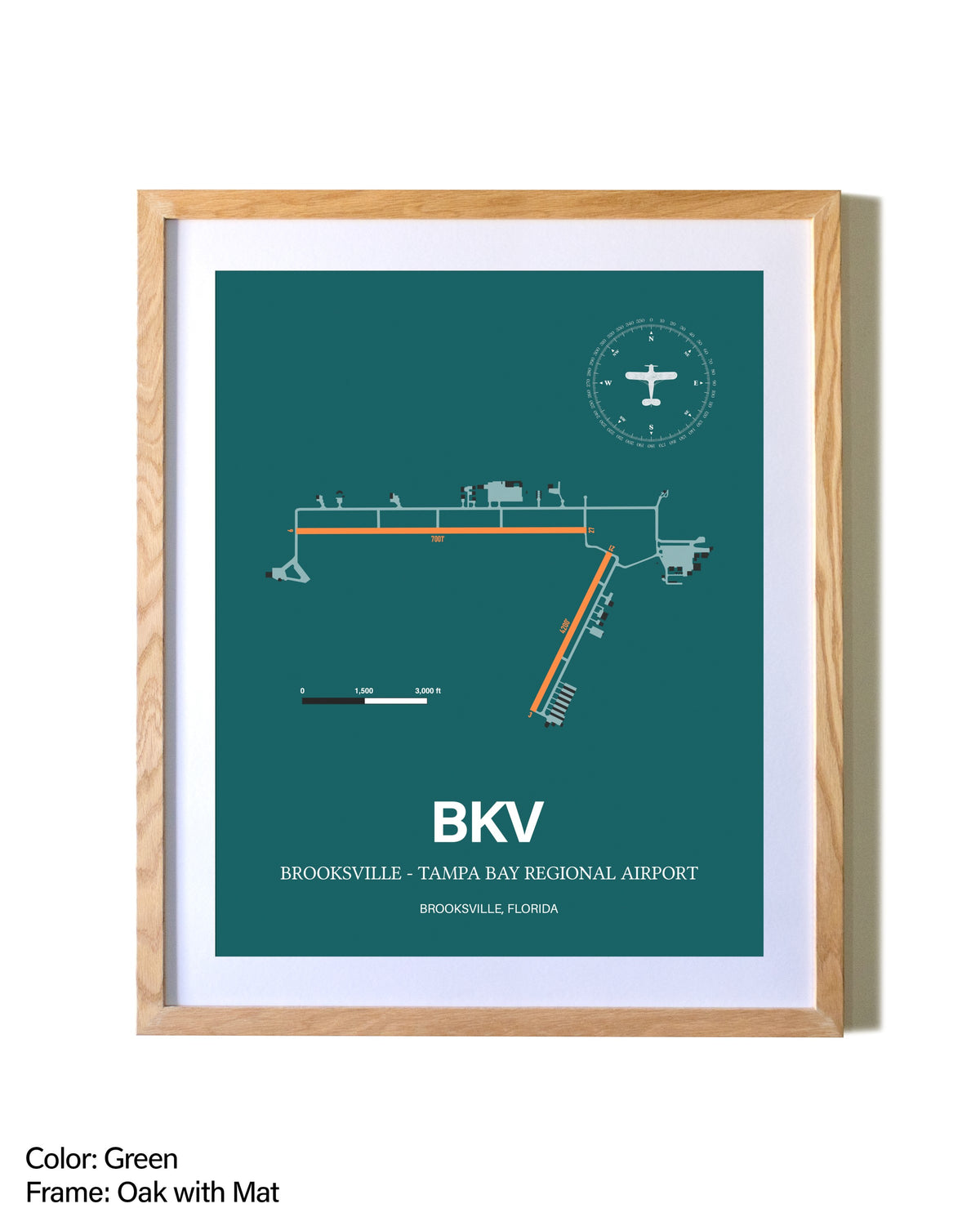 Brooksville-Tampa Bay Regional Airport airport map poster in oak frame with mat