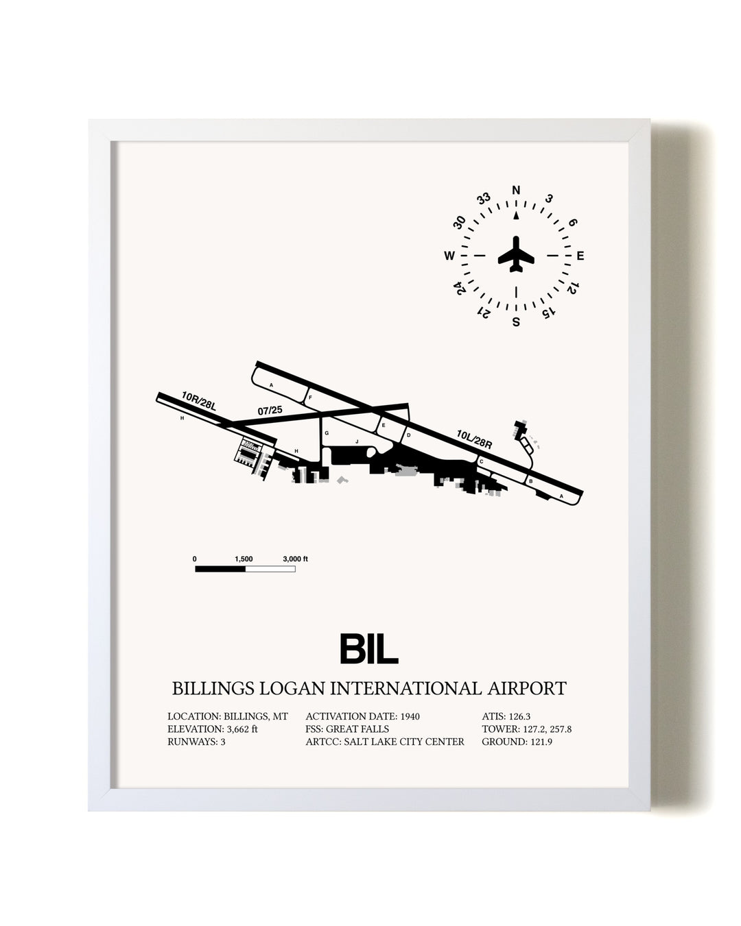 Billings Logan International Airport airport map poster in oak frame