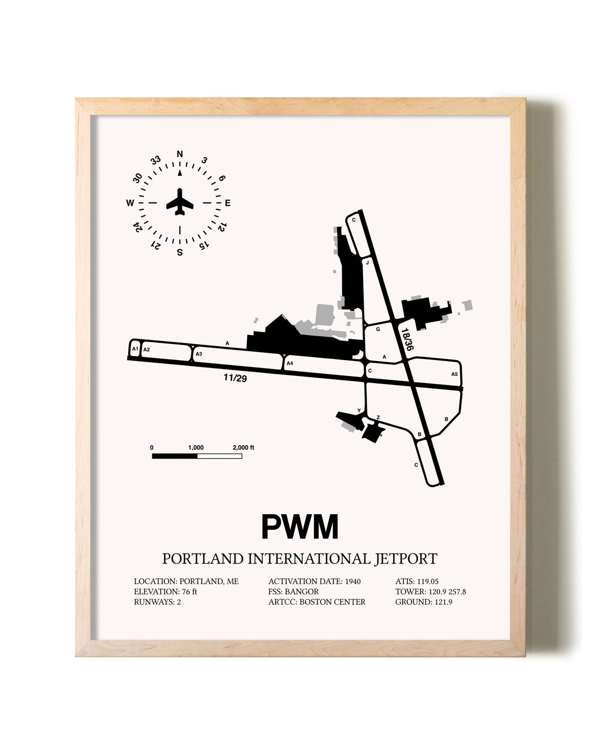 Portland International Jetport framed wall art in white frame
