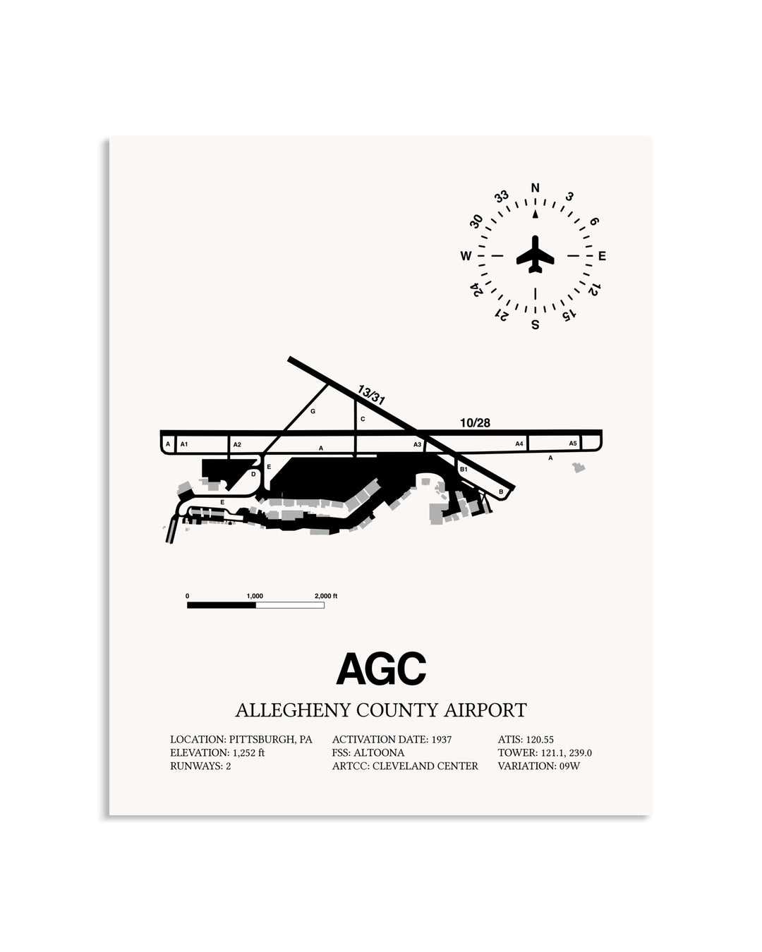 Gray Allegheny County Airport framed poster displayed in an airplane hangar