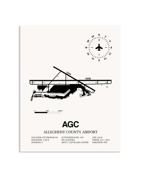 Gray Allegheny County Airport framed poster displayed in an airplane hangar