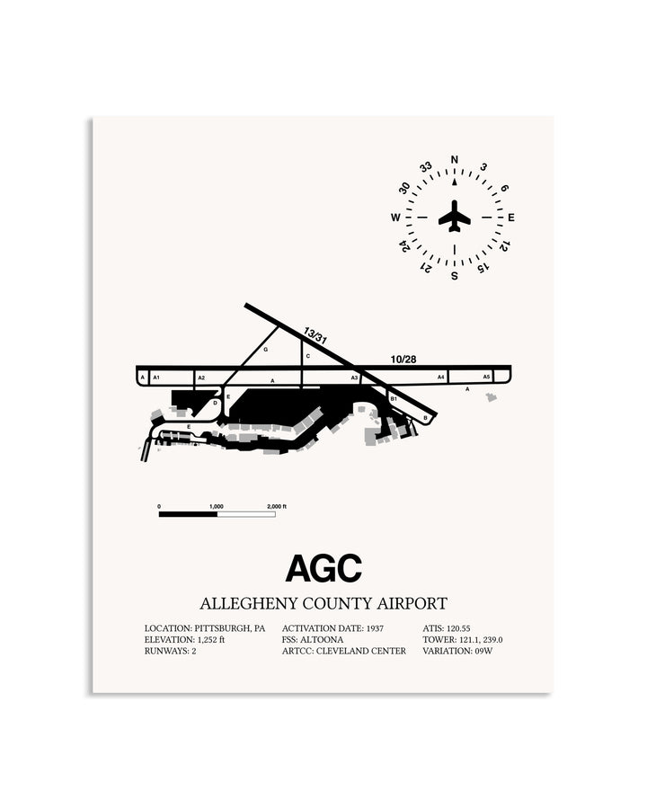 Gray Allegheny County Airport framed poster displayed in an airplane hangar