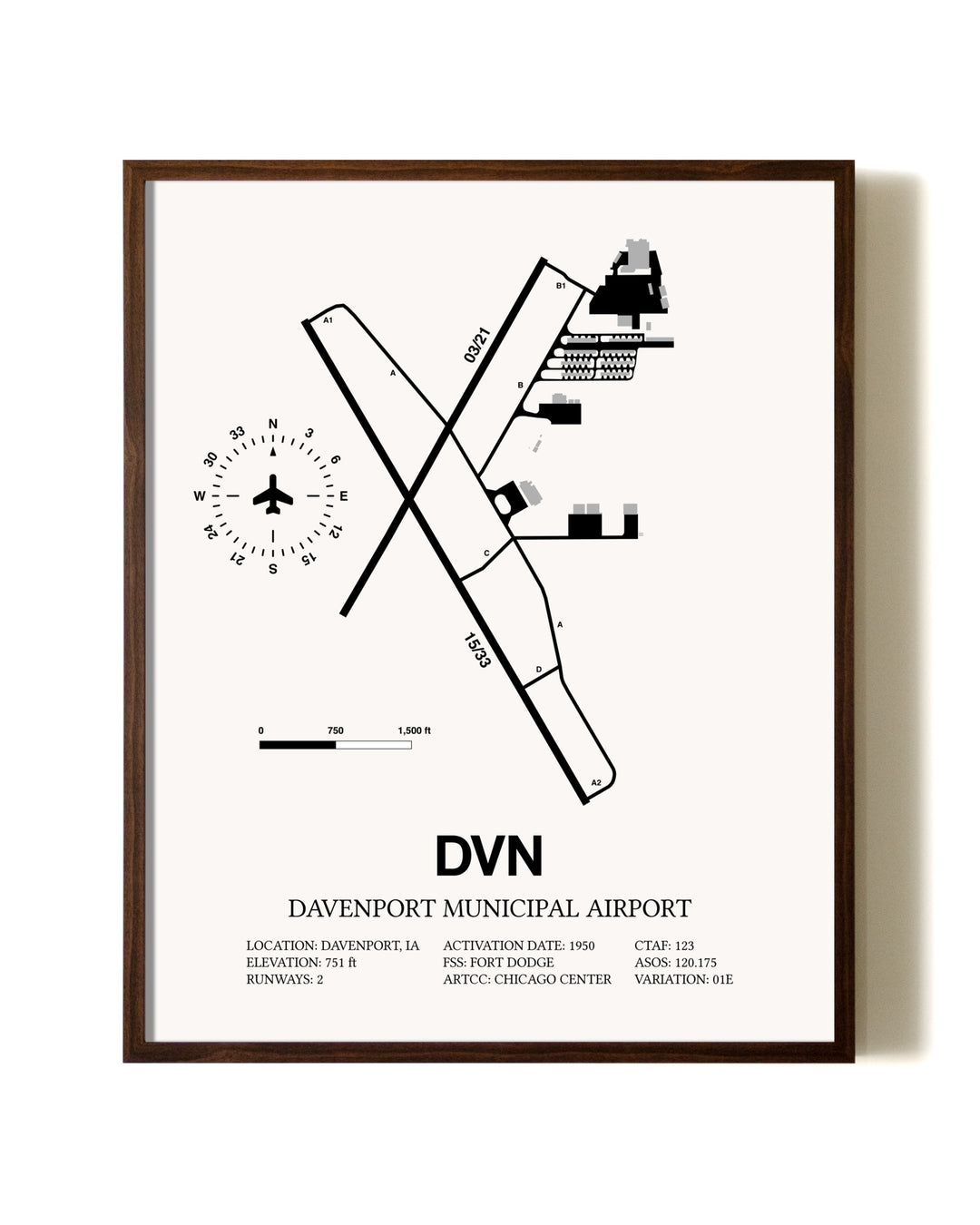 Davenport Municipal Airport aviation print in walnut frame