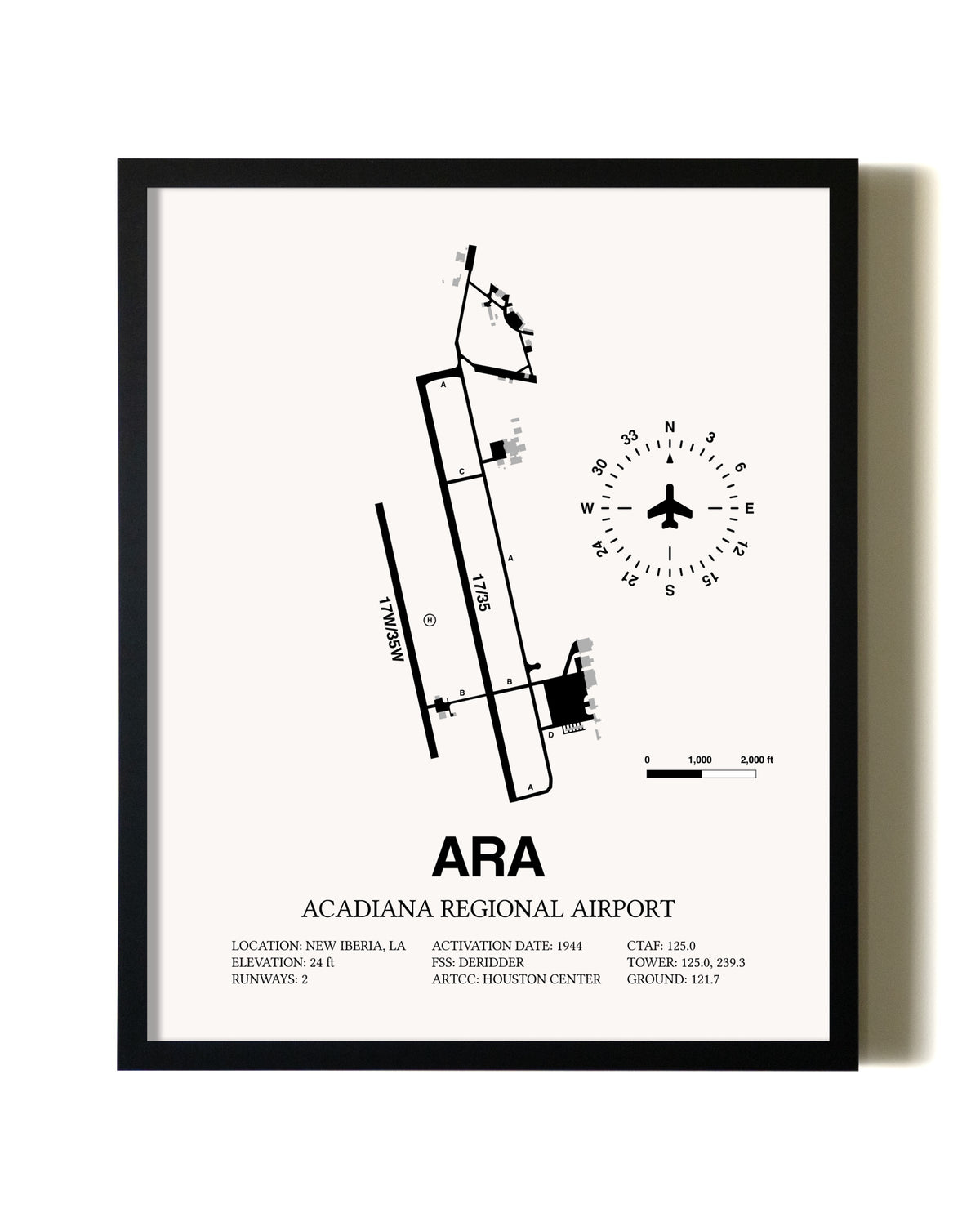 Framed Acadiana Regional Airport wall art poster in black frame
