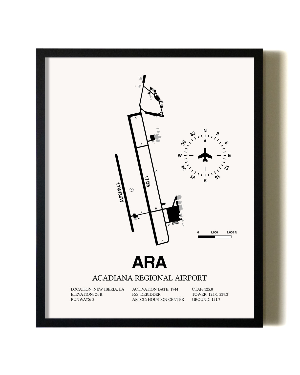 Framed Acadiana Regional Airport wall art poster in black frame