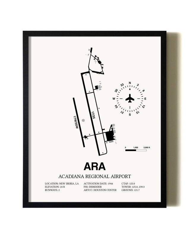 Framed Acadiana Regional Airport wall art poster in black frame