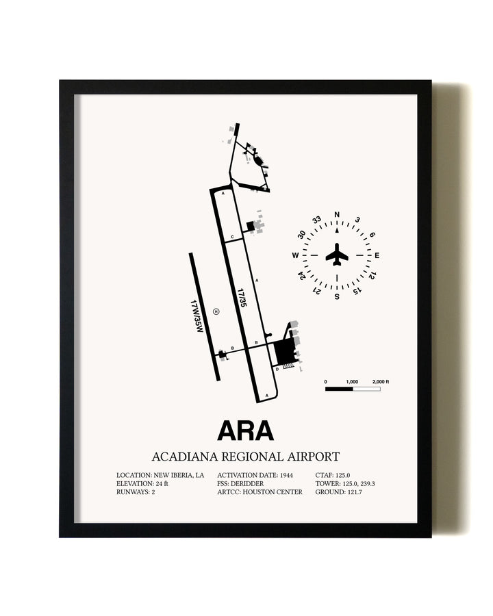 Framed Acadiana Regional Airport wall art poster in black frame