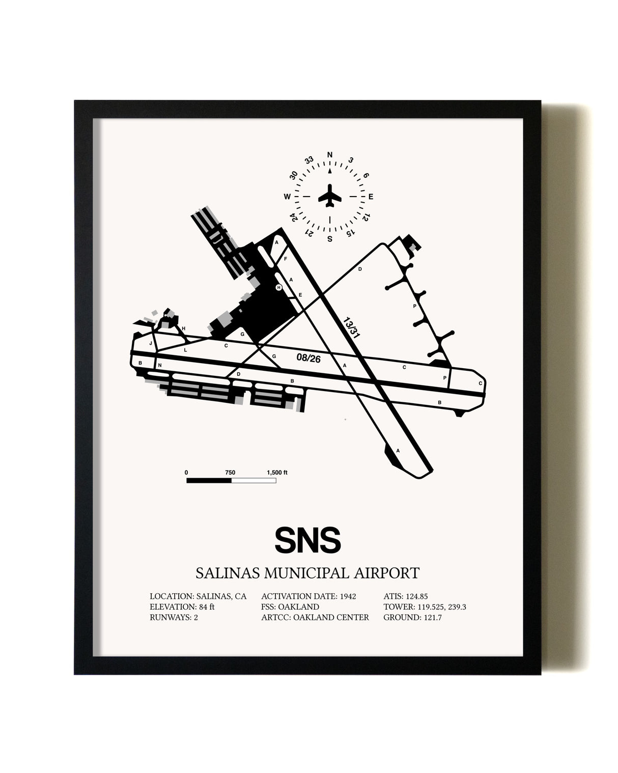 Framed Salinas Municipal Airport wall art poster in black frame