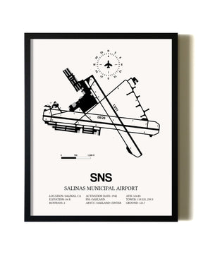 Framed Salinas Municipal Airport wall art poster in black frame