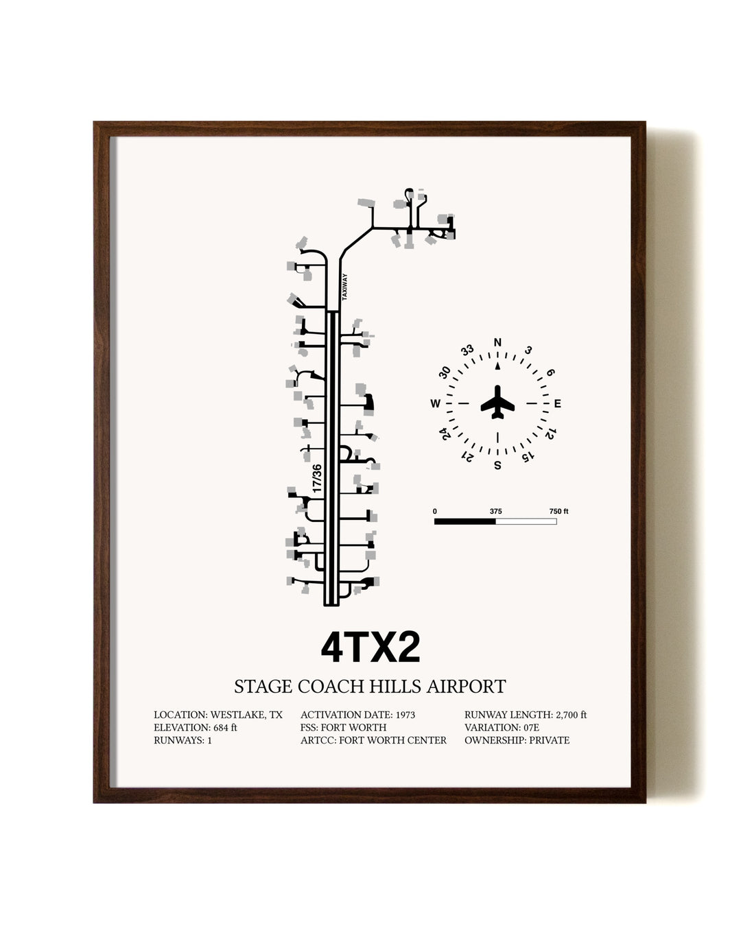Stage Coach Hills Airport aviation print in walnut frame