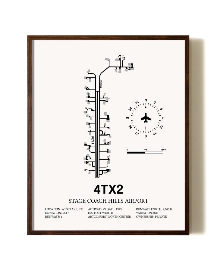 Stage Coach Hills Airport aviation print in walnut frame