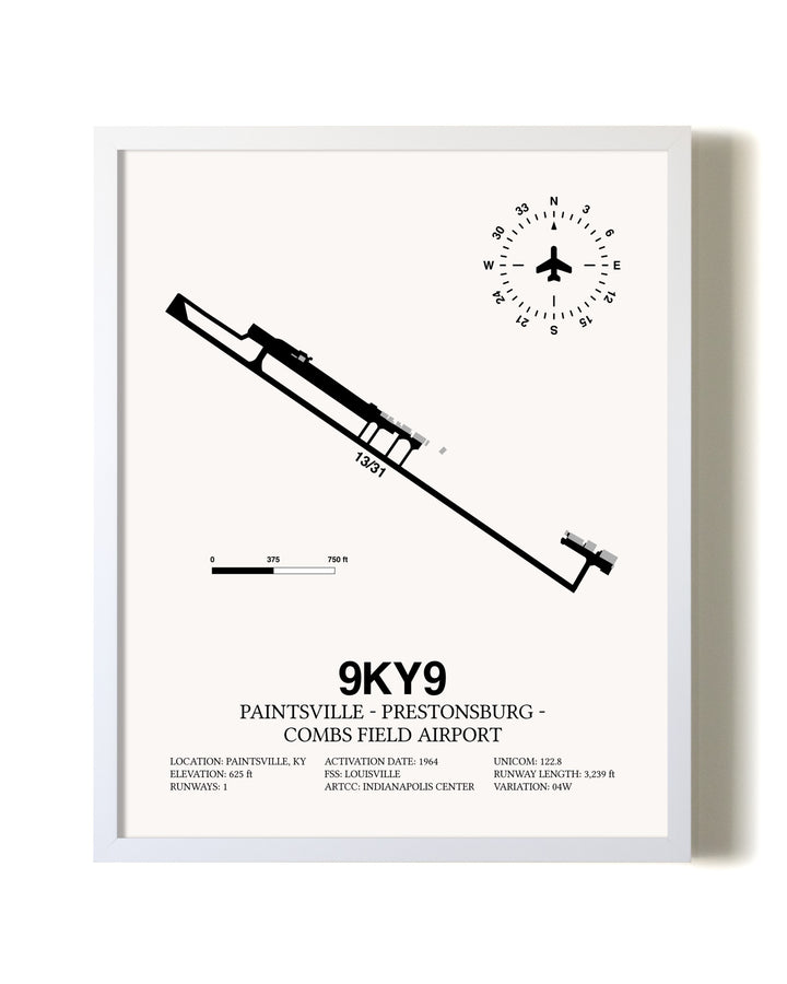 Paintsville-Prestonsburg - Combs Field Airport airport map poster in oak frame