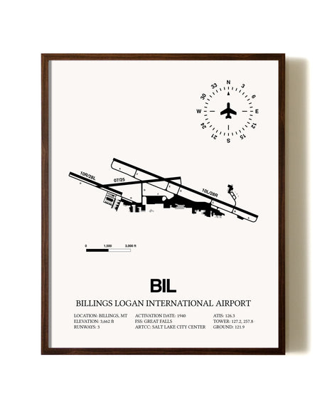 Billings Logan International Airport aviation print in walnut frame