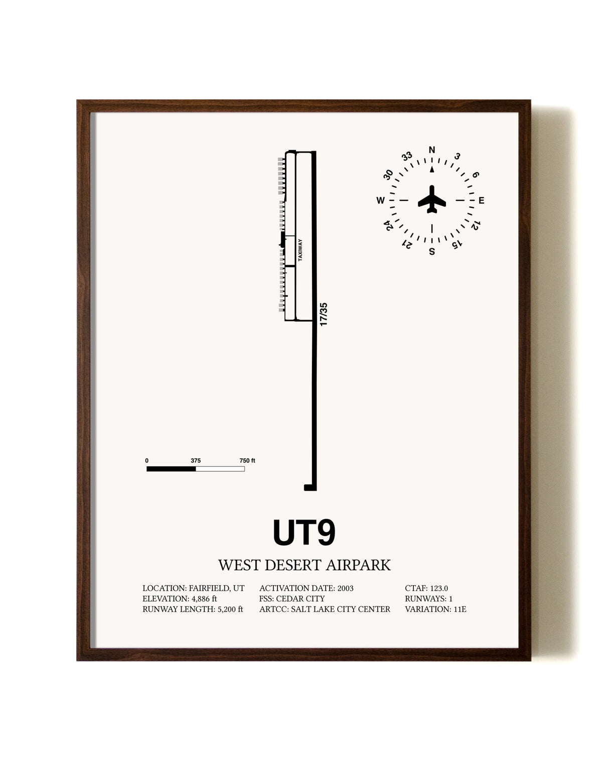 West Desert Airpark aviation print in walnut frame